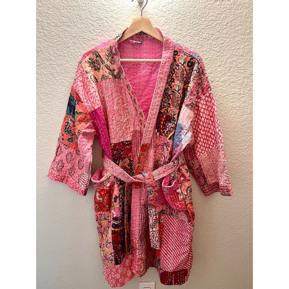 Pink 100% Cotton Kantha Quilted Robe Patchwork Kimono Boho Belted One Size - Picture 2 of 7